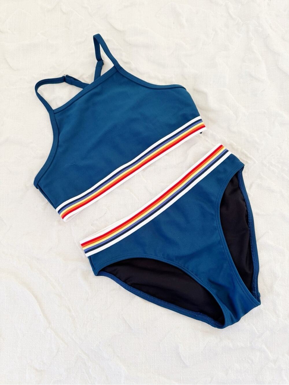 Zella Blue Bikini Set with Rainbow Trim Size 10 Nwot